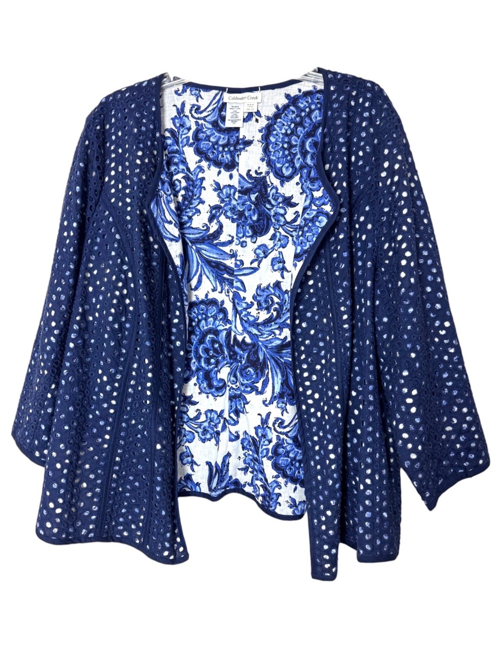 Coldwater Creek Reversible Open Front Jacket Size 2X Blue White Floral Eyelet